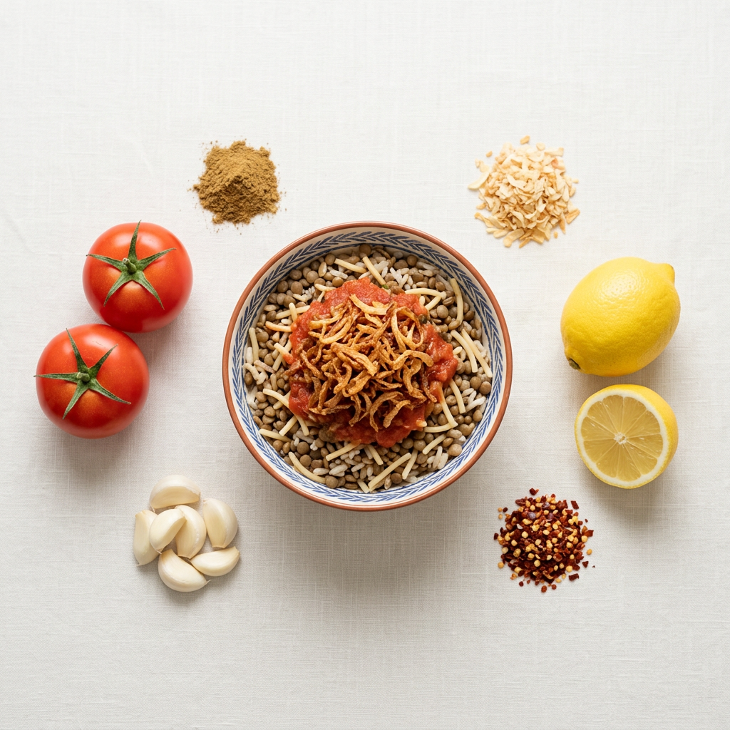 A full bowl of koshary surrounded by tomatoes, garlic, lemon, cumin, dried onion and chili flakes