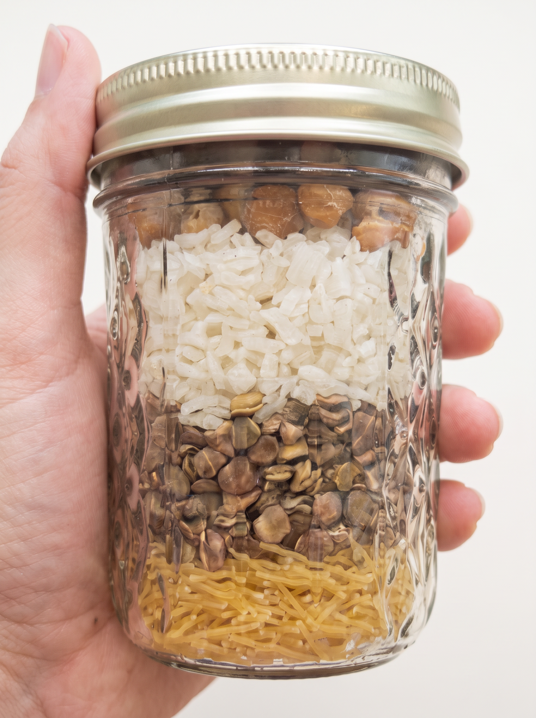 A hand holding a sealed jar layered with vermicelli, lentils and rice