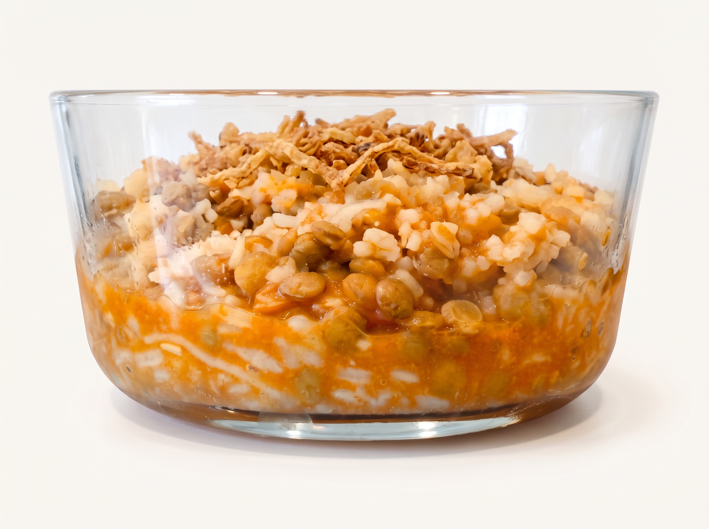 Side view of a glass bowl of cooked koshary