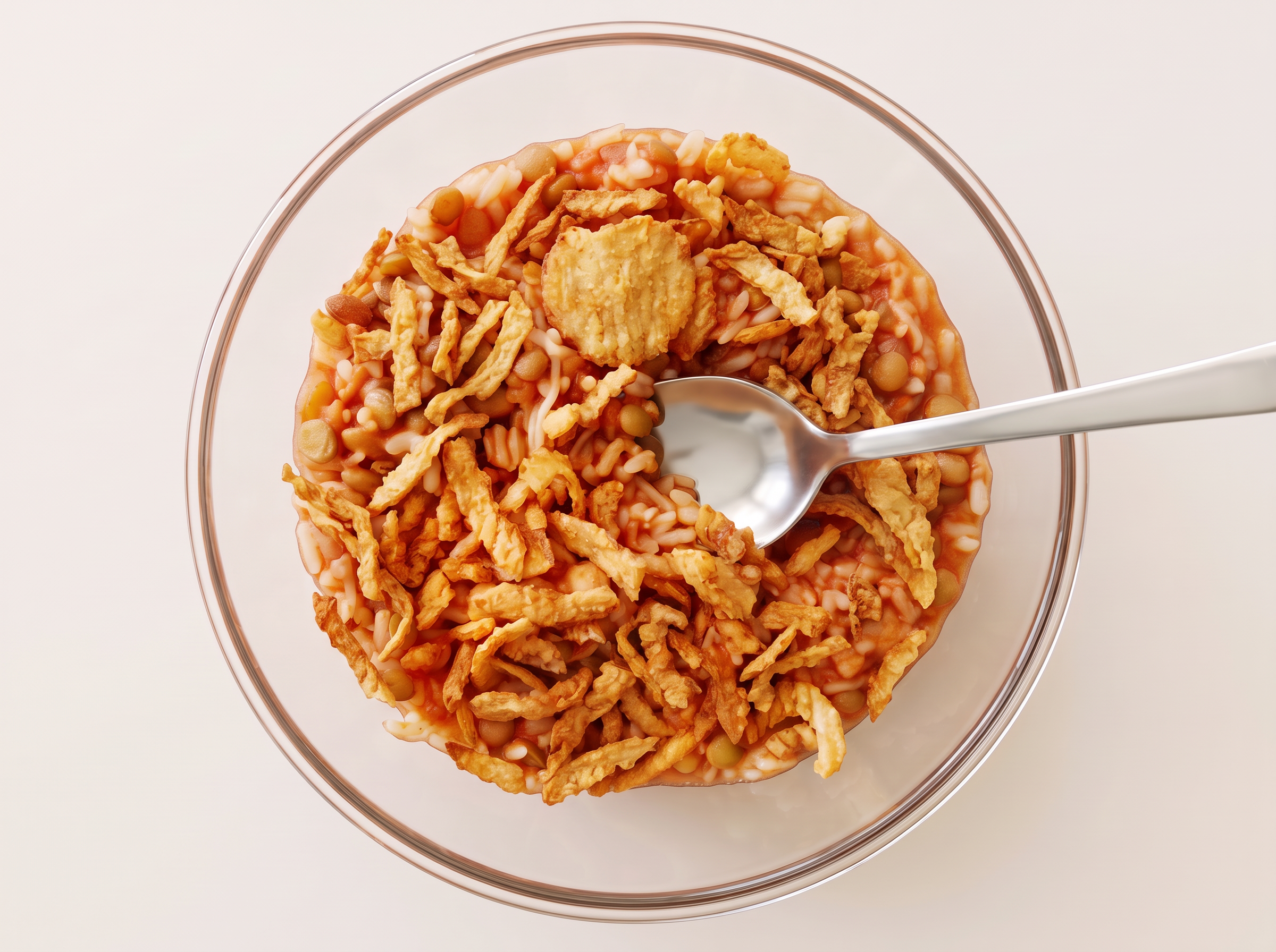Top-down view of a bowl of koshary with crispy fried onions