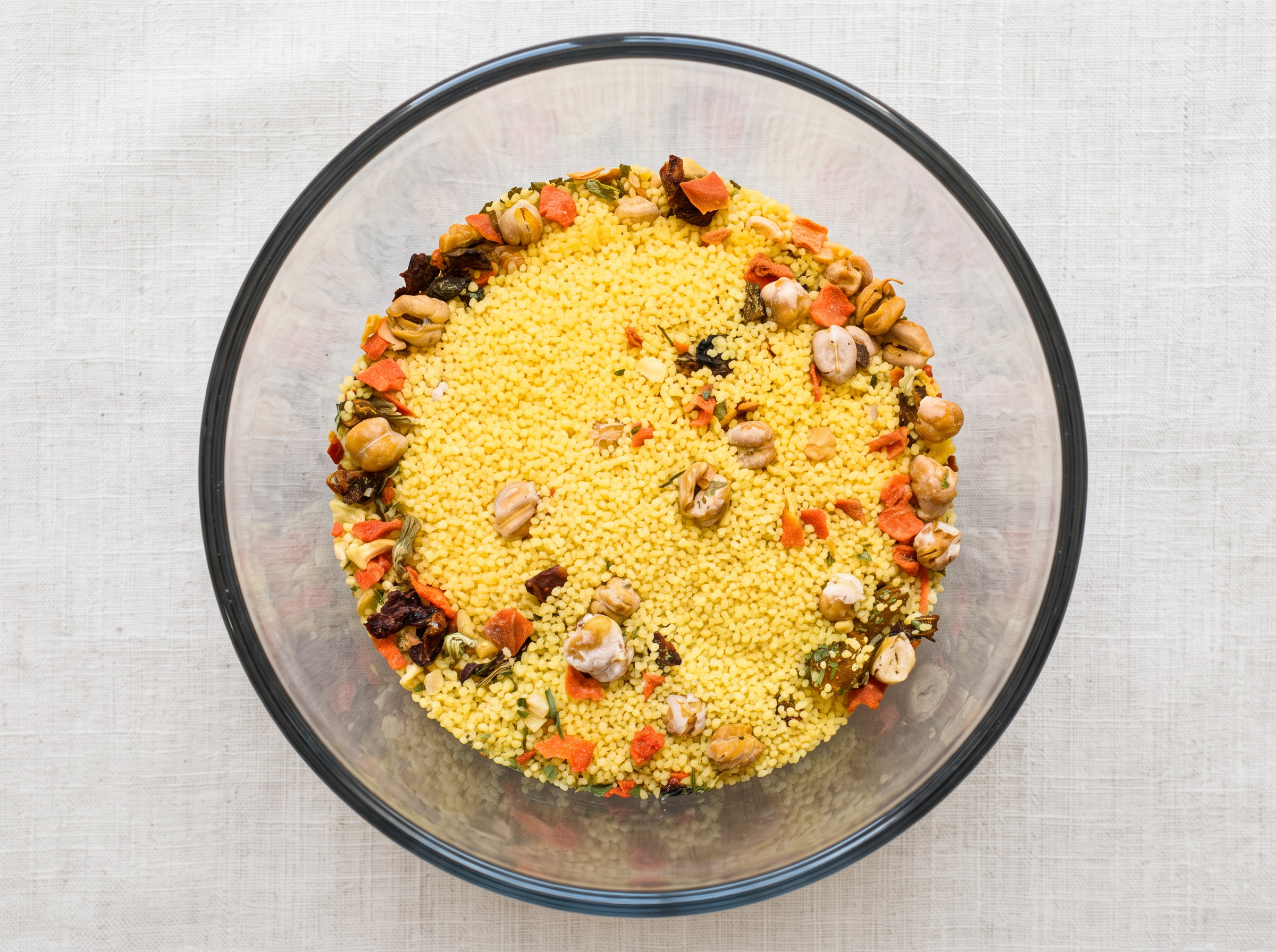 Dry couscous, chickpeas, apricots and vegetables emptied into a bowl