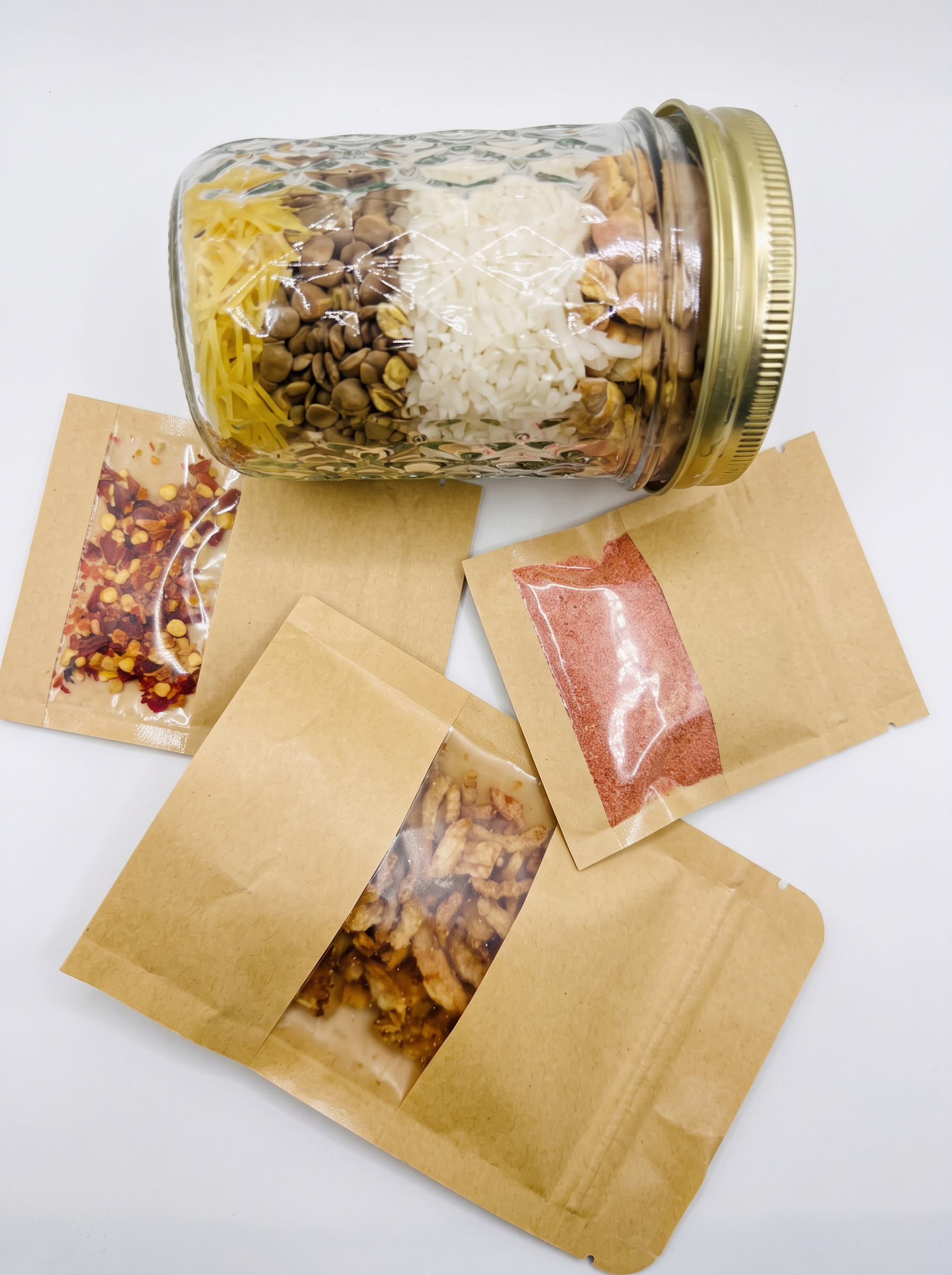 The sealed layered jar beside its fried-onion container, tomato-spice sachet and chili sachet